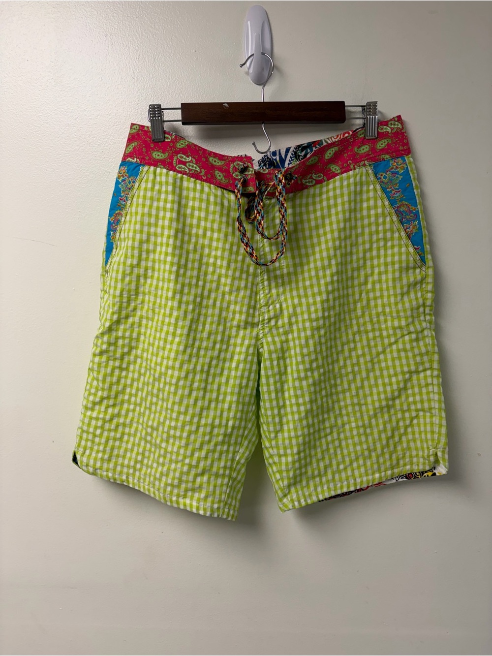 Robert Graham Stubb Green Gingham Lined Swim Trunks Size 32